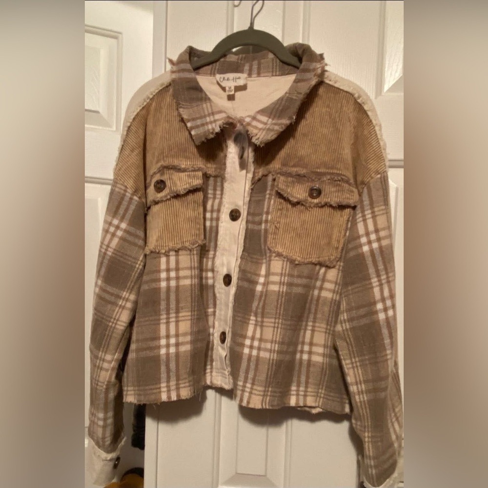 Oli & Hali Tan and Cream Checkered Shacket